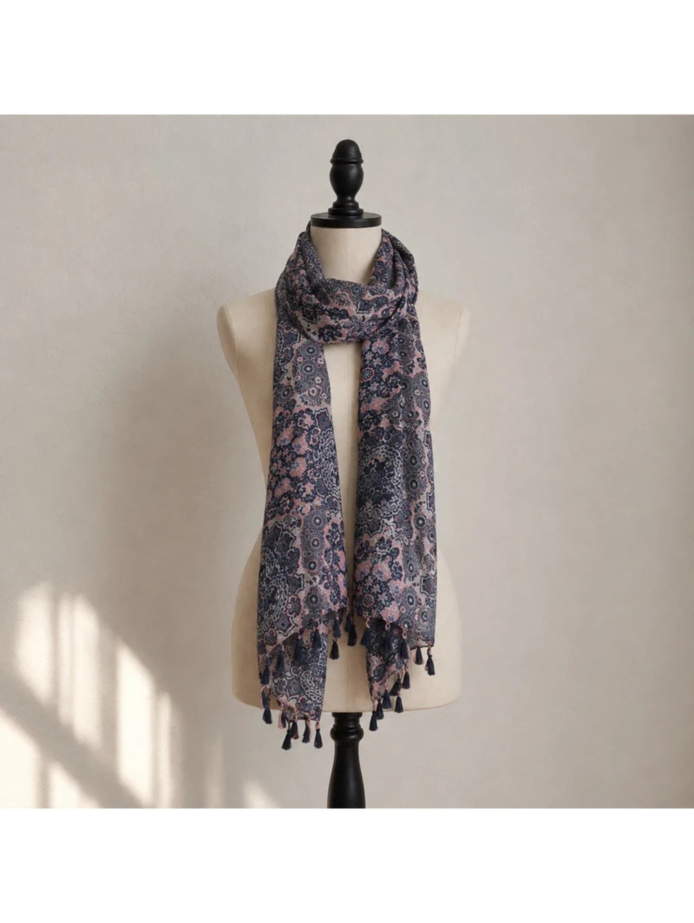 Pink Navy Blue Paisley Scarf Floral Boho Fringe Lightweight Long Wrap